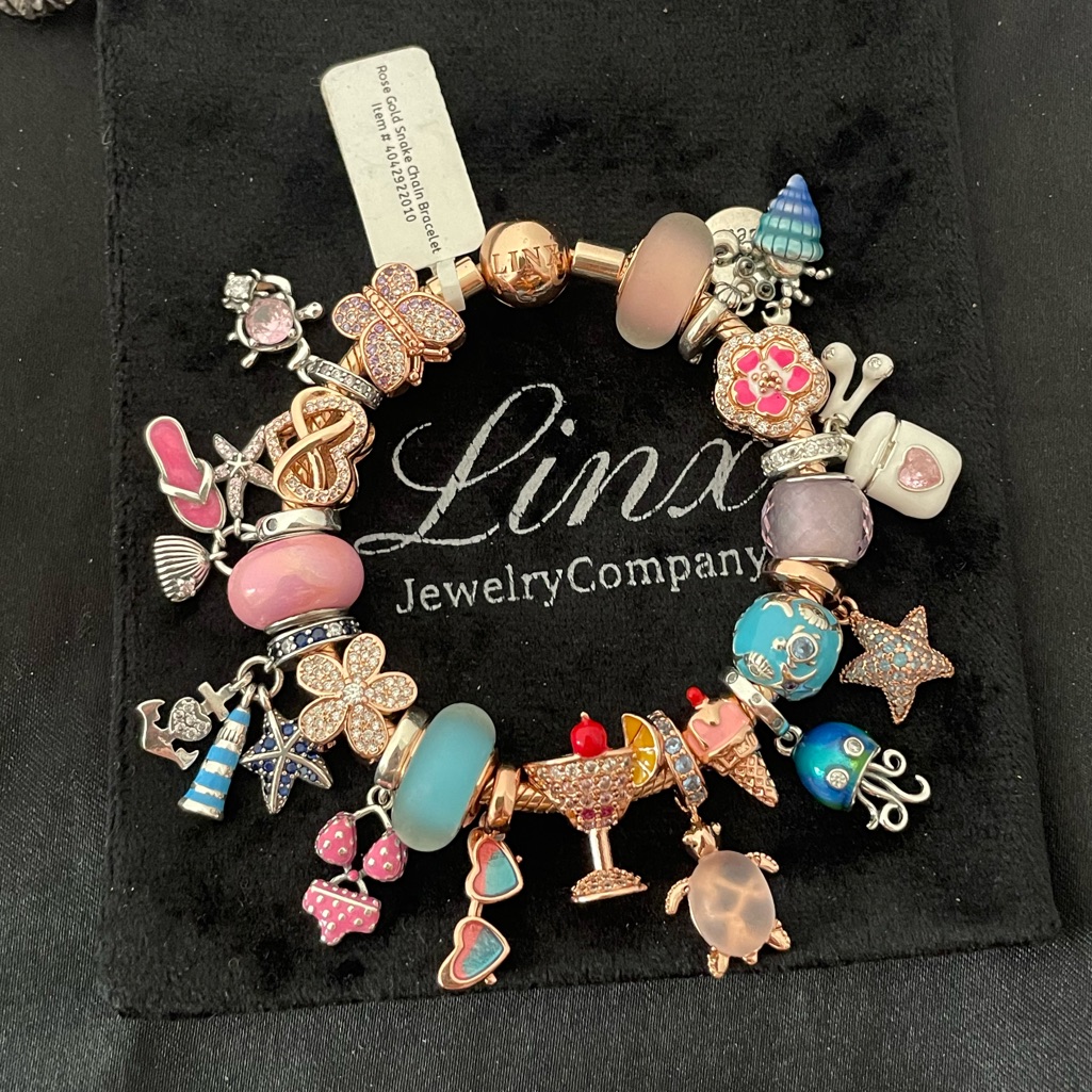 Linx Rose Gold Snake Chain Bracelet With Pink And Blue Beach And Summer Charms